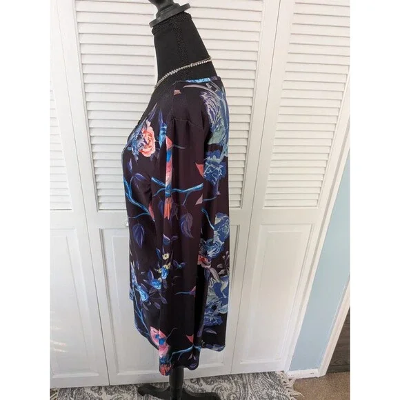 Lily By Firmiana Tunic Womens 1X Multi Floral Humming Bird Blouse Top Stretch - Picture 7 of 12